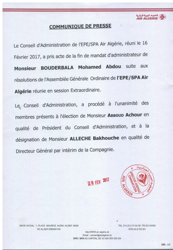 DIA-Communiqué Air Algérie
